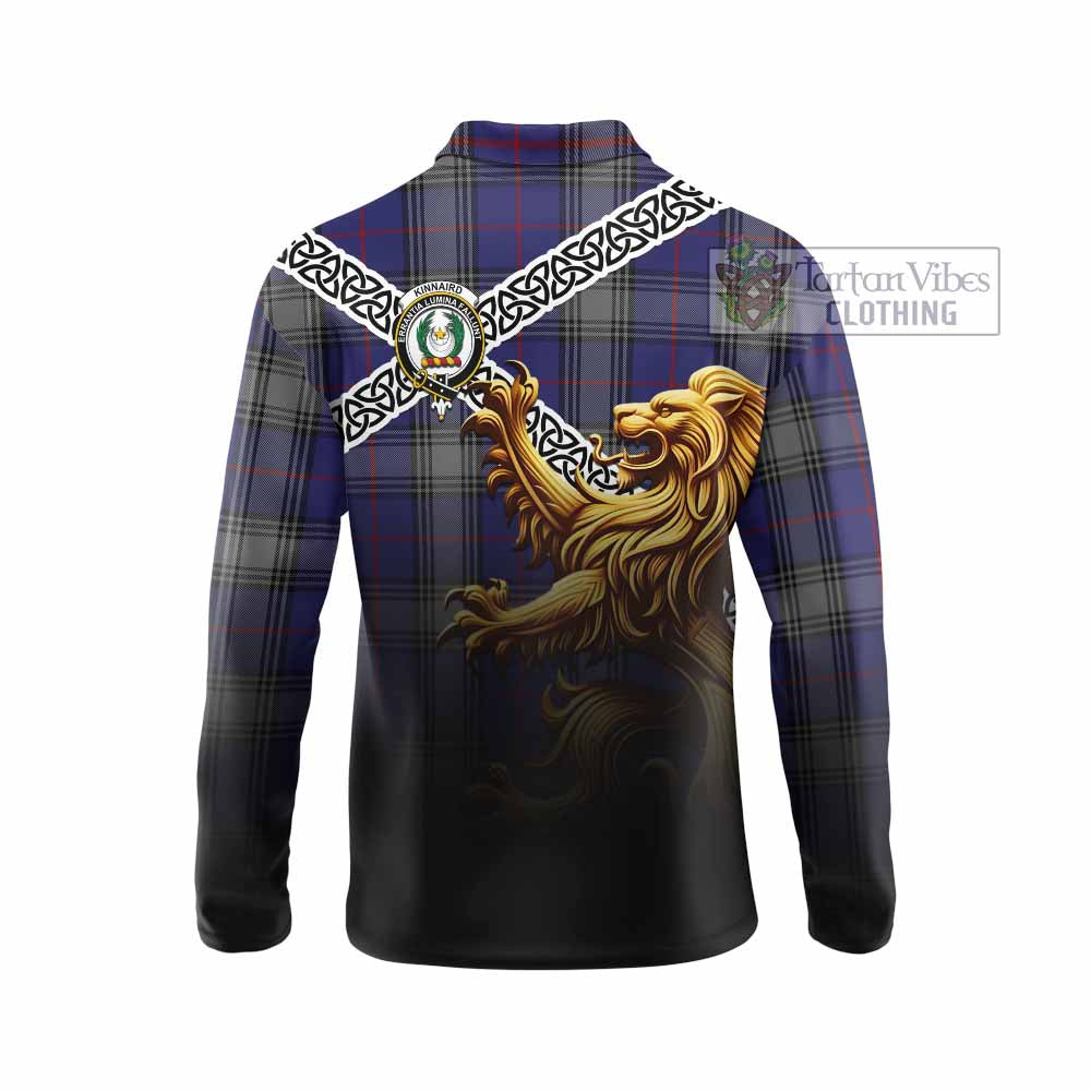 Tartan Vibes Clothing Kinnaird Crest Tartan Long Sleeve Polo Shirt with Golden Lion Emblem Celtic Style