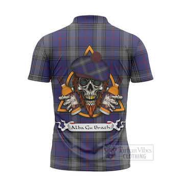 Tartan Vibes Clothing Kinnaird Tartan Zipper Polo Shirt with Family Crest and Bearded Skull Holding Bottles of Whiskey