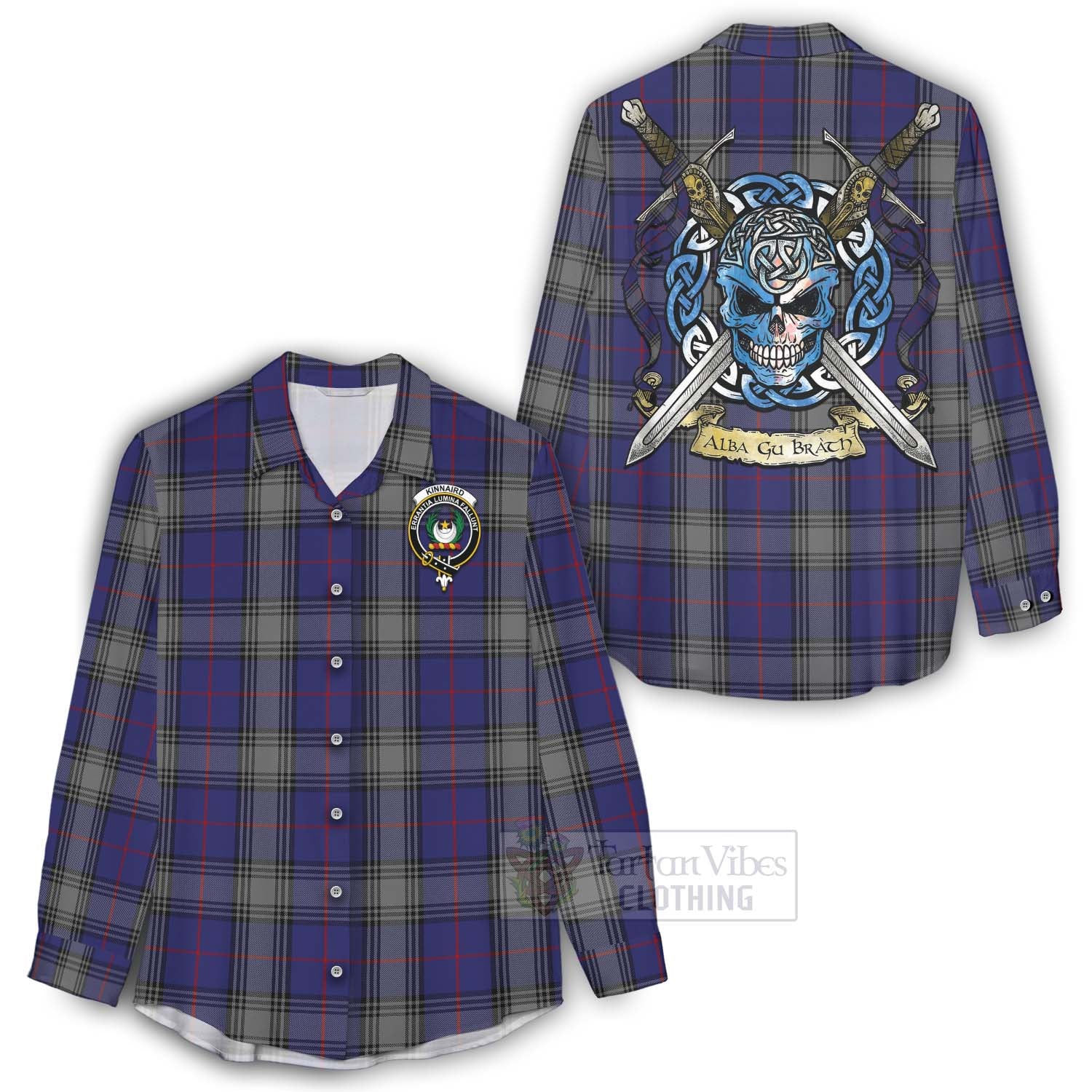 Tartan Vibes Clothing Kinnaird Tartan Women's Casual Shirt with Family Crest Celtic Skull Style