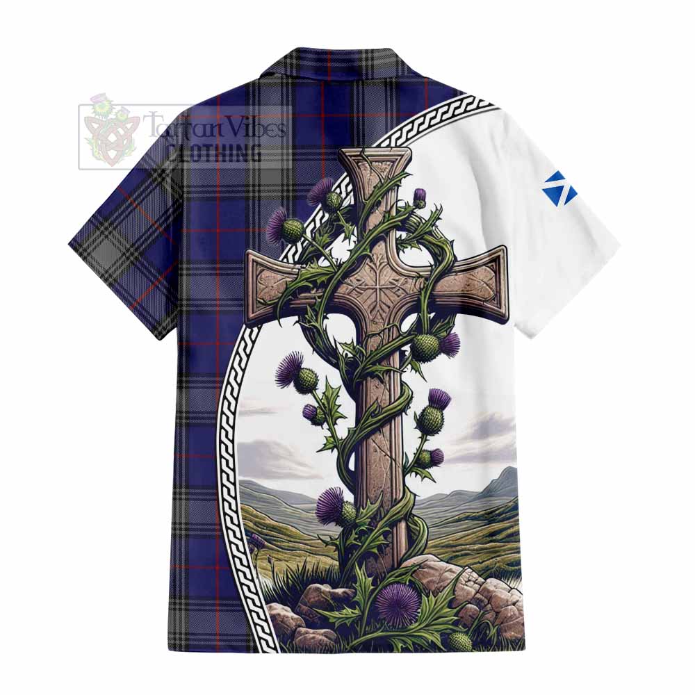 Tartan Vibes Clothing Kinnaird Tartan Short Sleeve Button Shirt with Family Crest and St. Andrew's Cross Accented by Thistle Vines