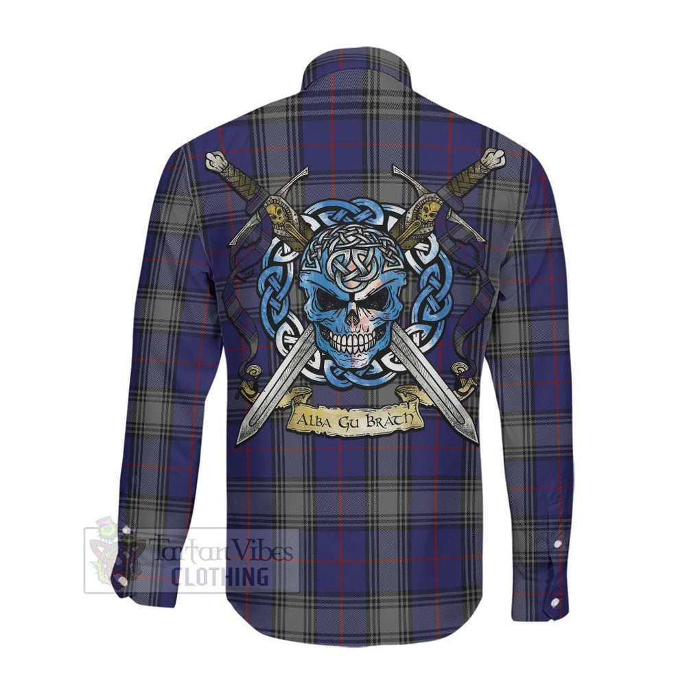 Tartan Vibes Clothing Kinnaird Tartan Long Sleeve Button Shirt with Family Crest Celtic Skull Style