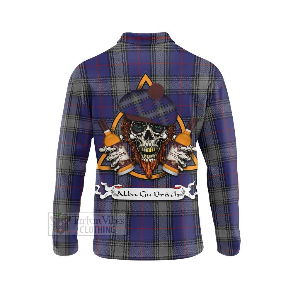 Tartan Vibes Clothing Kinnaird Tartan Long Sleeve Polo Shirt with Family Crest and Bearded Skull Holding Bottles of Whiskey