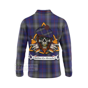 Tartan Vibes Clothing Kinnaird Tartan Long Sleeve Polo Shirt with Family Crest and Bearded Skull Holding Bottles of Whiskey