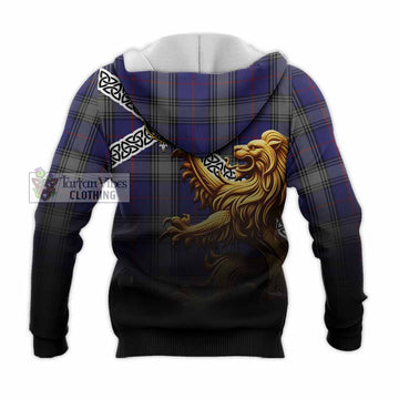 Kinnaird Crest Tartan Knitted Hoodie with Golden Lion Emblem Celtic Style