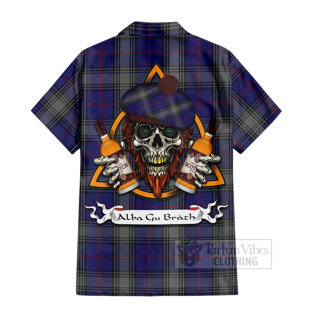 Tartan Vibes Clothing Kinnaird Tartan Short Sleeve Button Shirt with Family Crest and Bearded Skull Holding Bottles of Whiskey