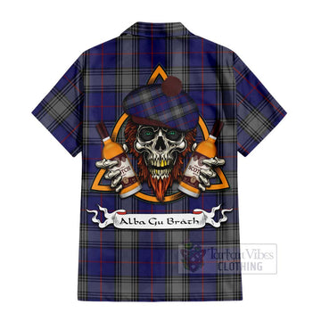 Tartan Vibes Clothing Kinnaird Tartan Short Sleeve Button Shirt with Family Crest and Bearded Skull Holding Bottles of Whiskey