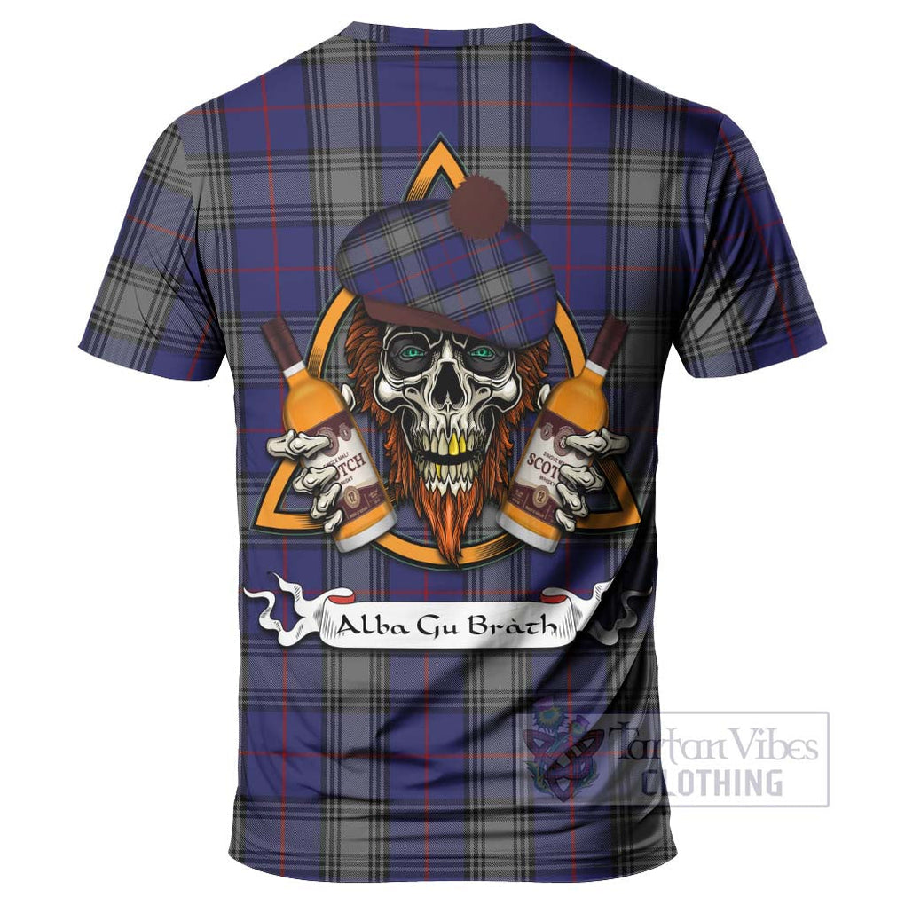 Tartan Vibes Clothing Kinnaird Tartan T-Shirt with Family Crest and Bearded Skull Holding Bottles of Whiskey