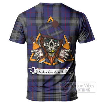 Tartan Vibes Clothing Kinnaird Tartan T-Shirt with Family Crest and Bearded Skull Holding Bottles of Whiskey