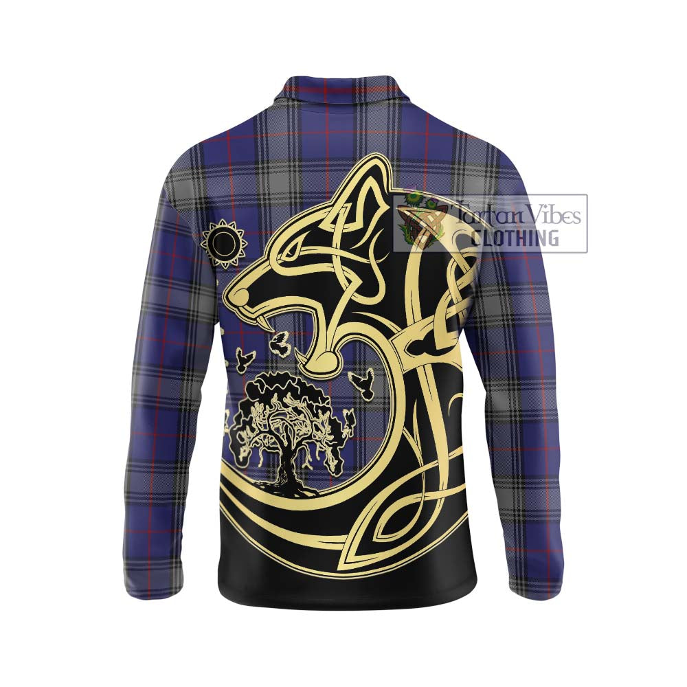Kinnaird Tartan Long Sleeve Polo Shirt with Family Crest Celtic Wolf Style - Tartanvibesclothing Shop