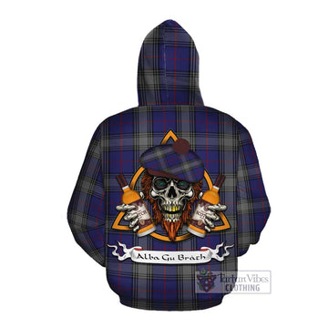 Kinnaird Tartan Cotton Hoodie with Family Crest and Bearded Skull Holding Bottles of Whiskey