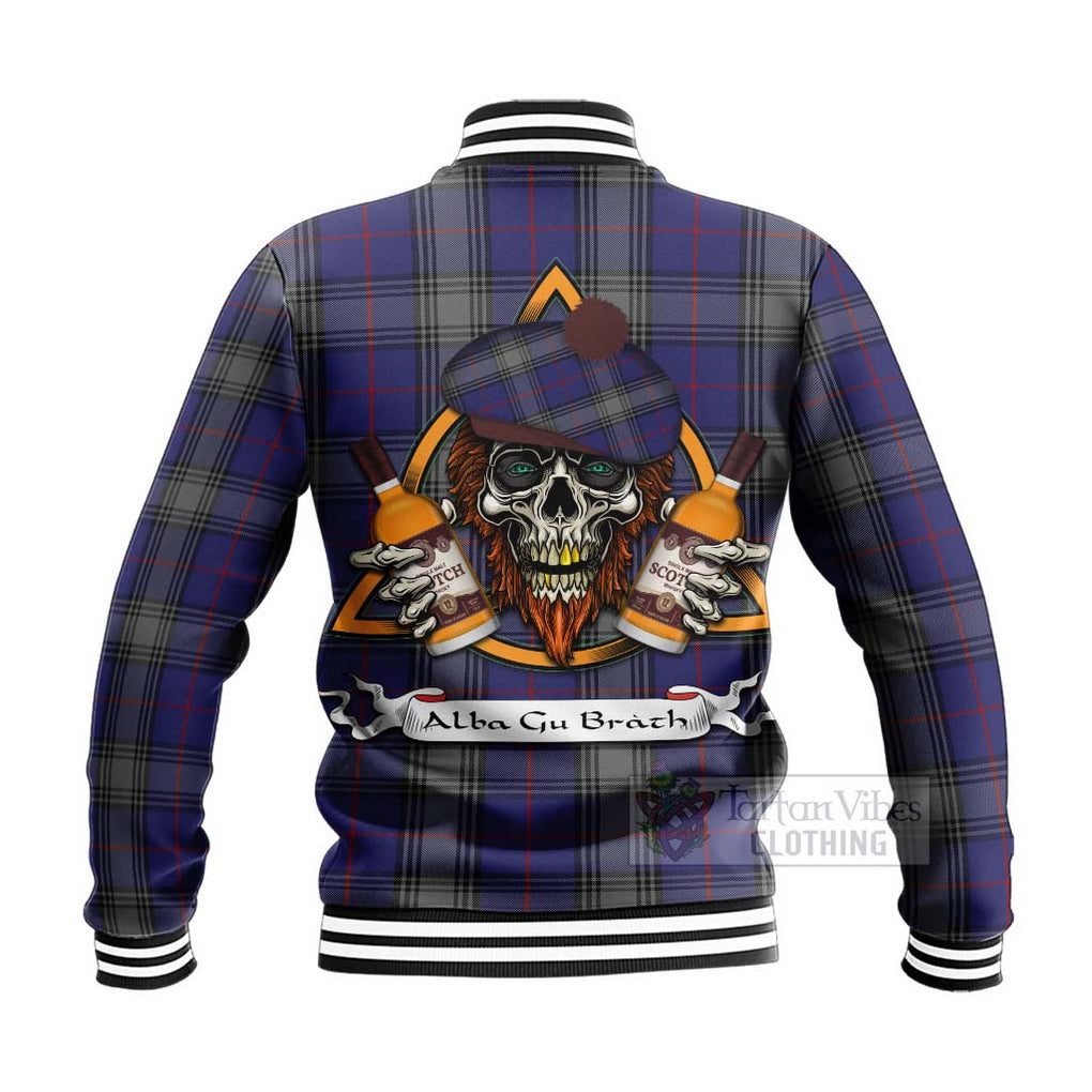 Tartan Vibes Clothing Kinnaird Tartan Baseball Jacket with Family Crest and Bearded Skull Holding Bottles of Whiskey