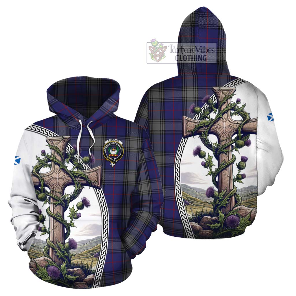 Tartan Vibes Clothing Kinnaird Tartan Cotton Hoodie with Family Crest and St. Andrew's Cross Accented by Thistle Vines