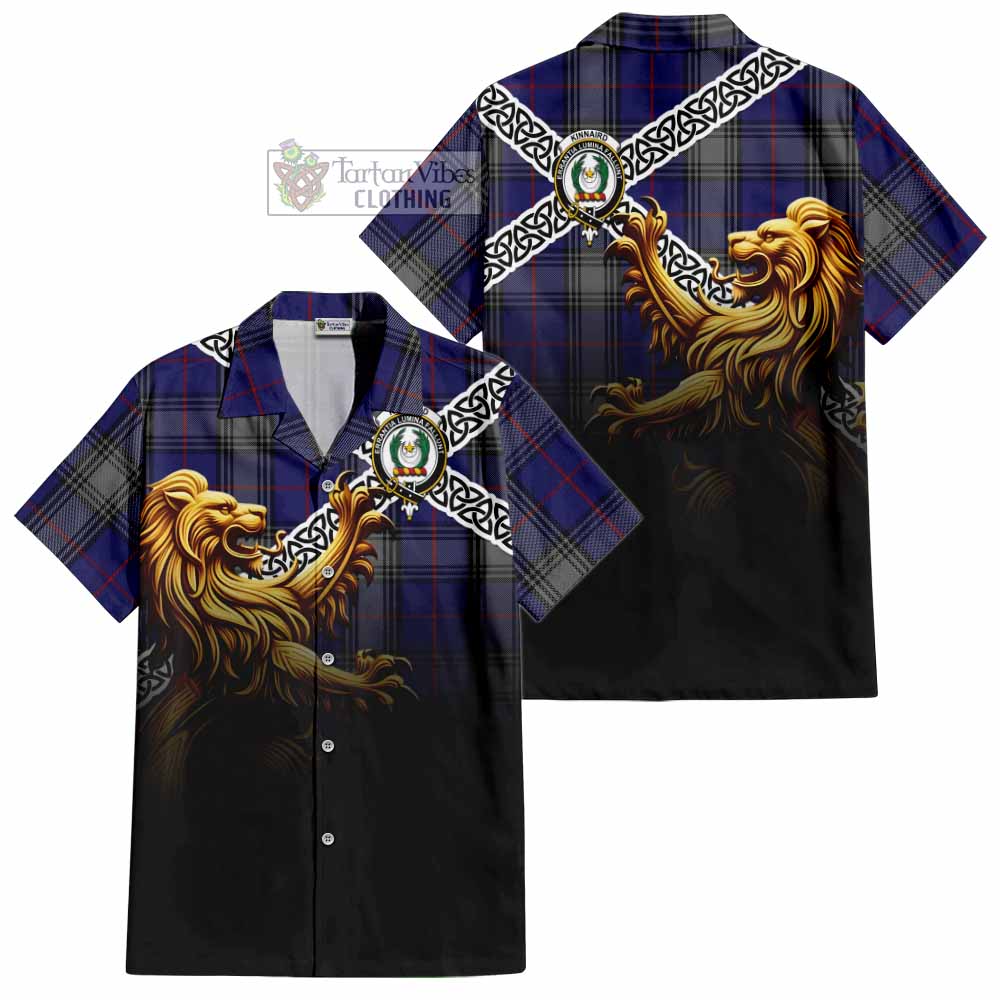 Tartan Vibes Clothing Kinnaird Crest Tartan Short Sleeve Button Shirt with Golden Lion Emblem Celtic Style
