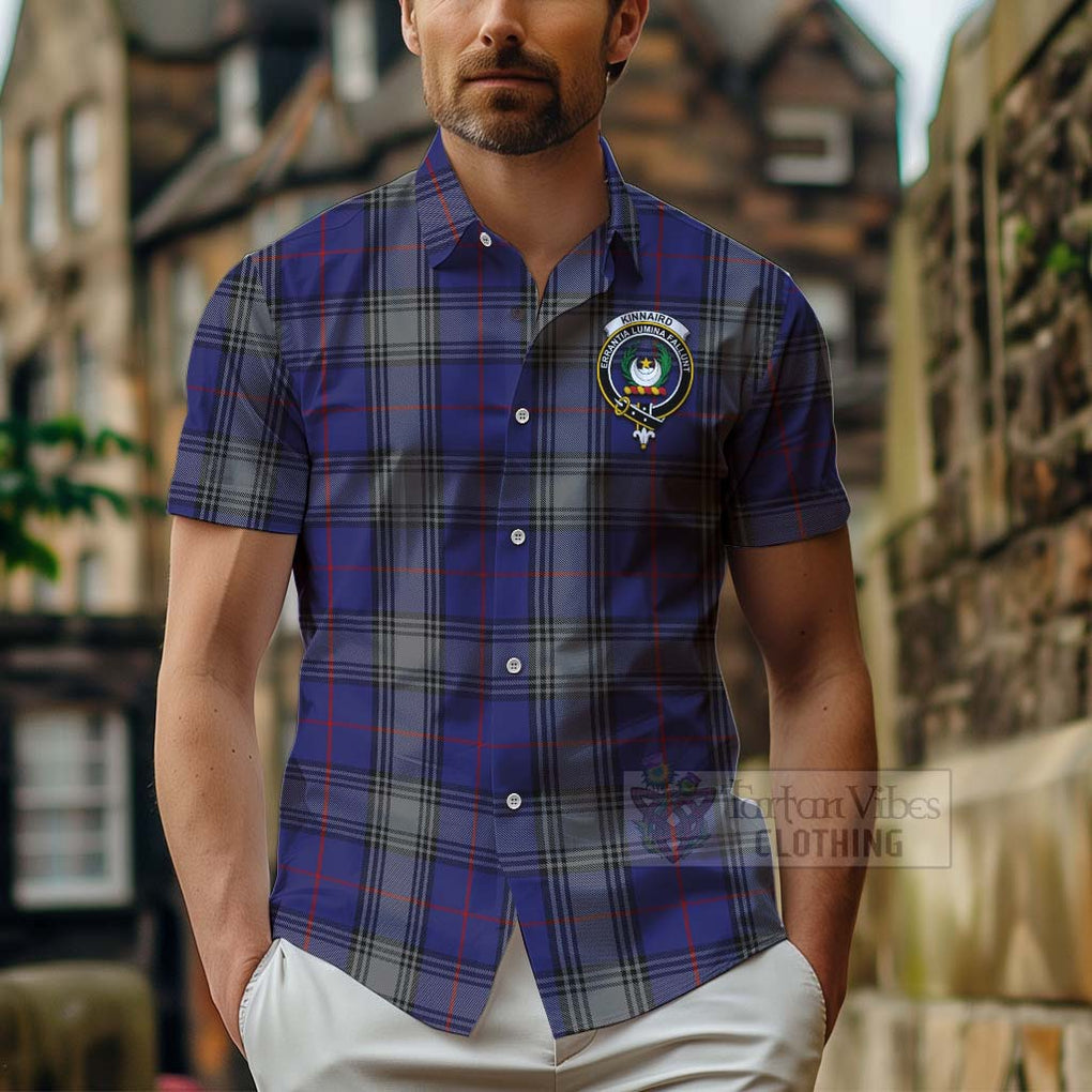 Tartan Vibes Clothing Kinnaird Tartan Short Sleeve Button Shirt with Family Crest and Bearded Skull Holding Bottles of Whiskey