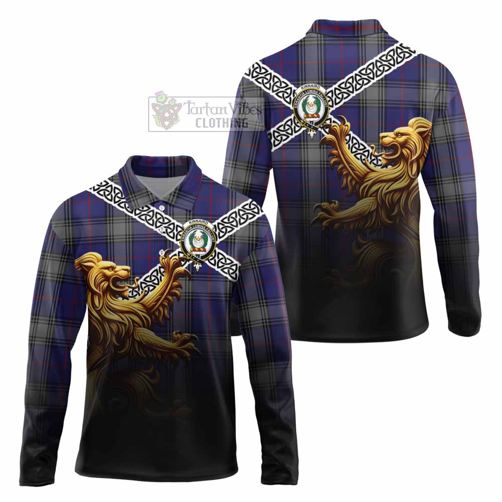 Tartan Vibes Clothing Kinnaird Crest Tartan Long Sleeve Polo Shirt with Golden Lion Emblem Celtic Style