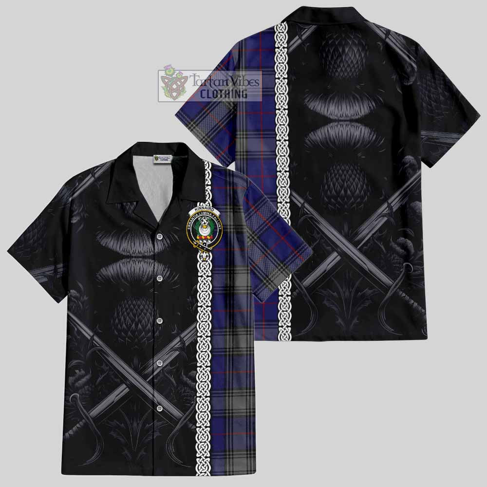 Tartan Vibes Clothing Kinnaird Tartan Short Sleeve Button Shirt with Family Crest Cross Sword Thistle Celtic Vibes
