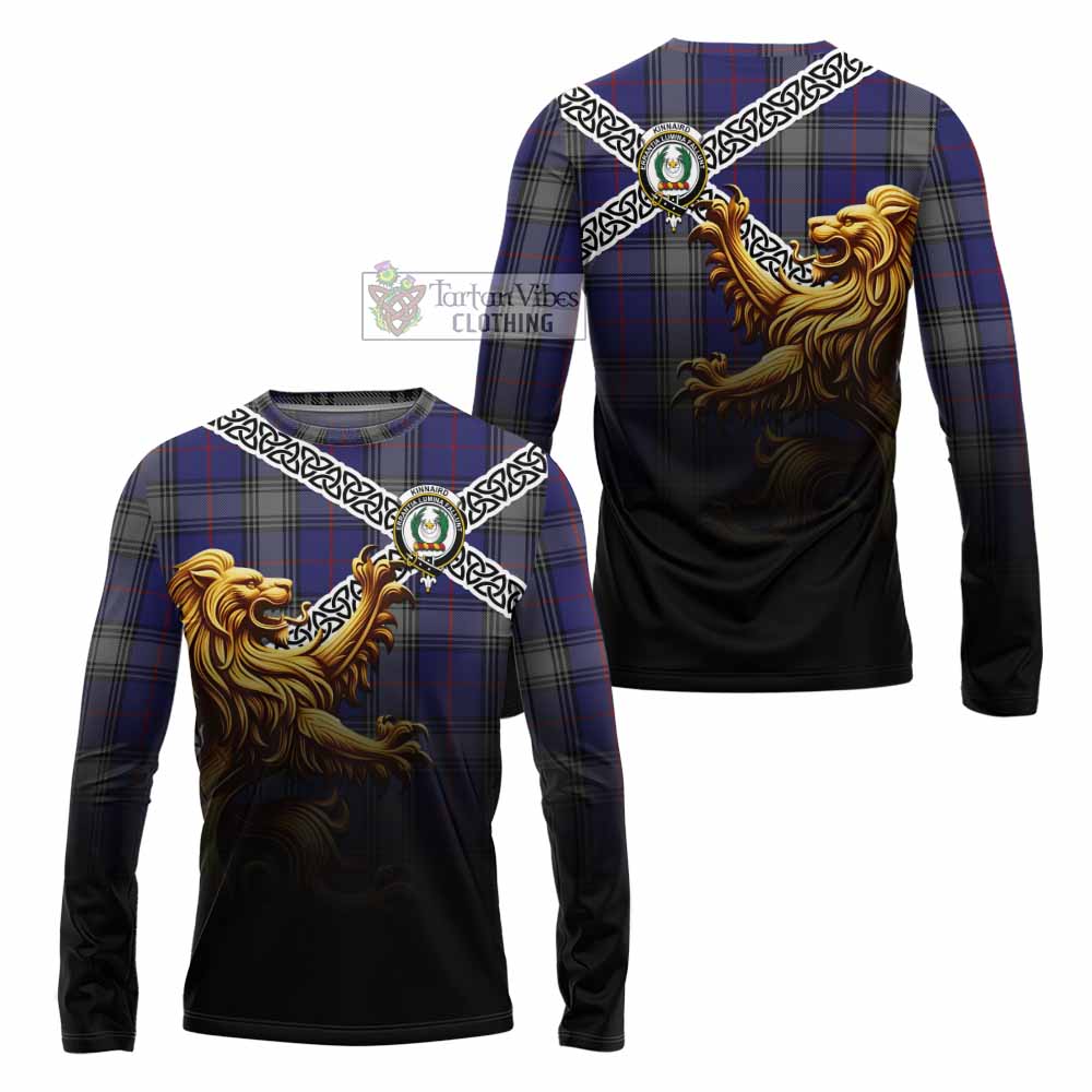 Tartan Vibes Clothing Kinnaird Crest Tartan Long Sleeve T-Shirt with Golden Lion Emblem Celtic Style