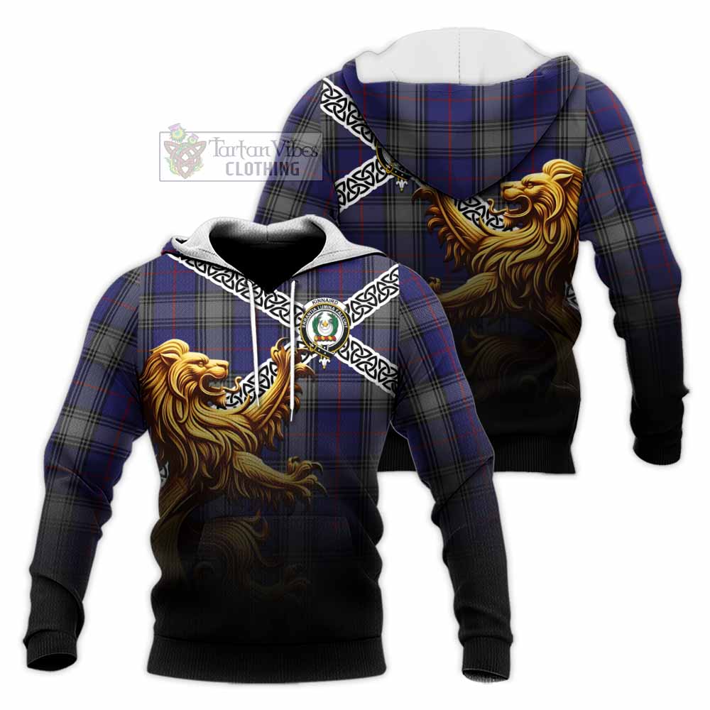 Tartan Vibes Clothing Kinnaird Crest Tartan Knitted Hoodie with Golden Lion Emblem Celtic Style