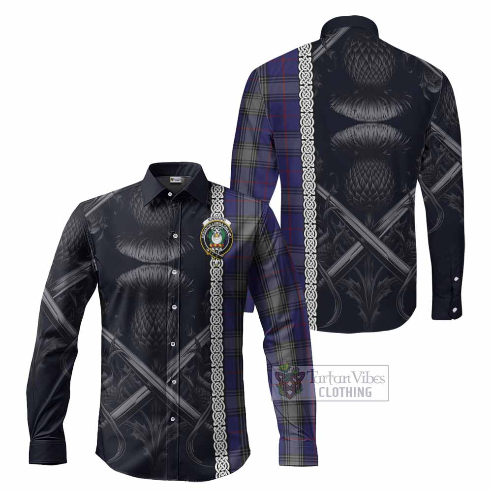 Tartan Vibes Clothing Kinnaird Tartan Long Sleeve Button Shirt with Family Crest Cross Sword Thistle Celtic Vibes
