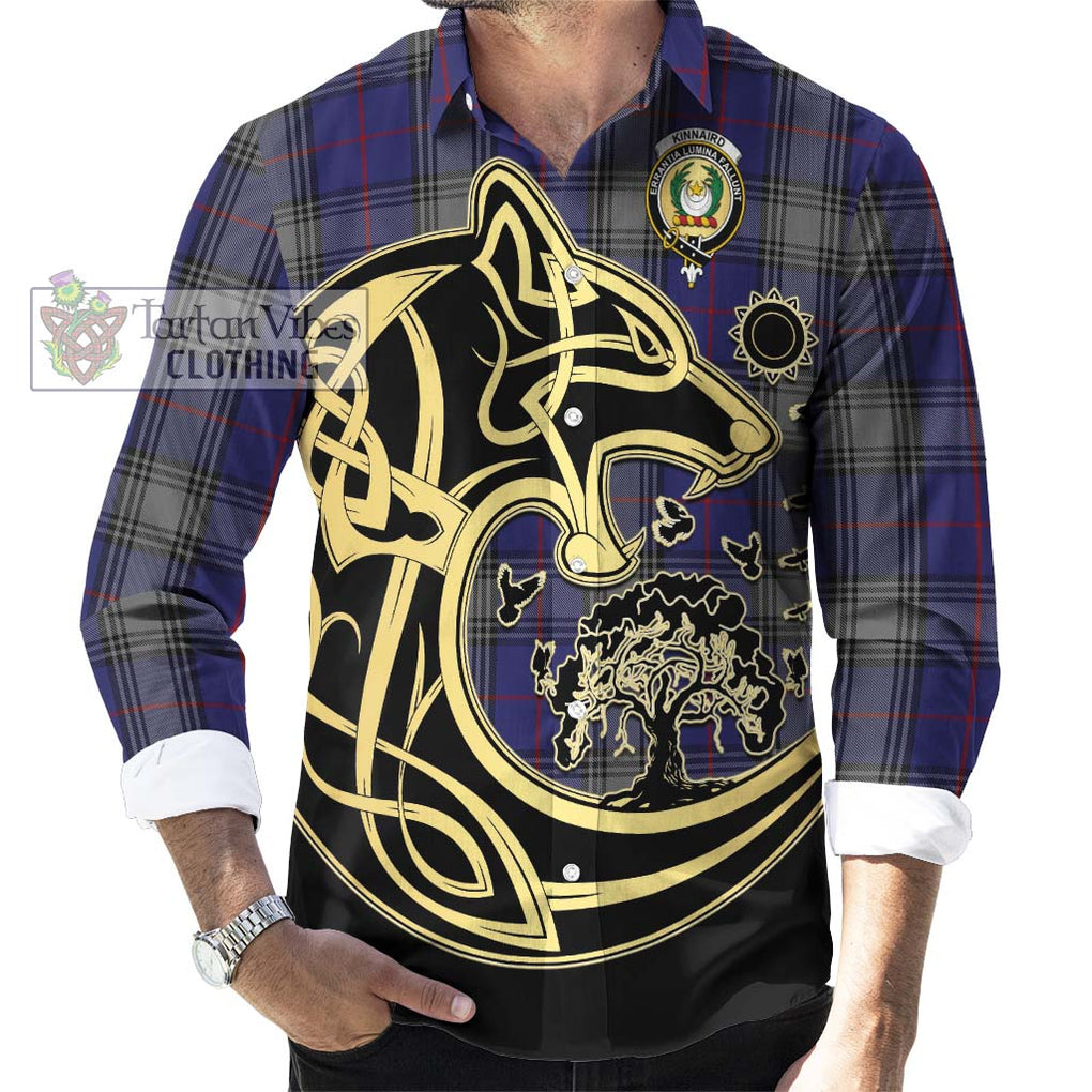Kinnaird Tartan Long Sleeve Button Shirt with Family Crest Celtic Wolf Style - Tartan Vibes Clothing