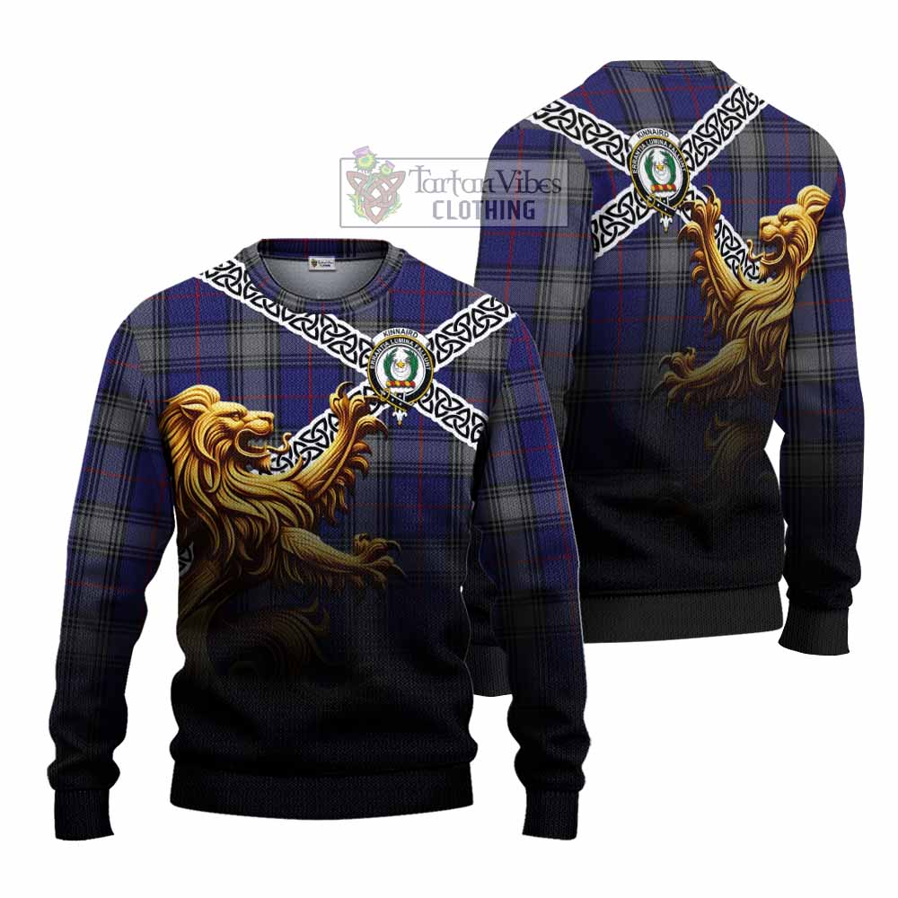 Tartan Vibes Clothing Kinnaird Crest Tartan Knitted Sweater with Golden Lion Emblem Celtic Style