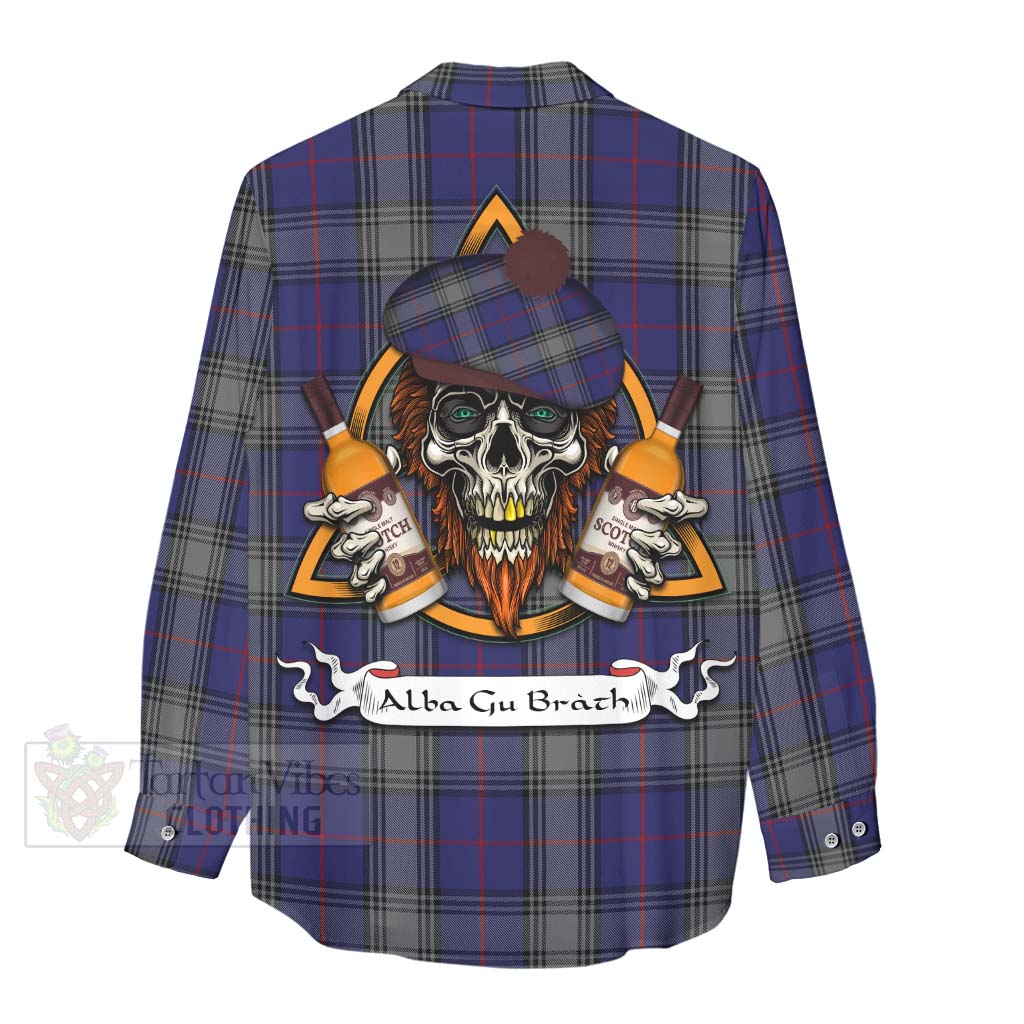 Tartan Vibes Clothing Kinnaird Tartan Women's Casual Shirt with Family Crest and Bearded Skull Holding Bottles of Whiskey