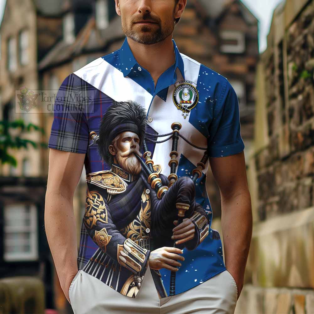 Tartan Vibes Clothing Kinnaird Tartan Short Sleeve Button Shirt with Family Crest Scottish Bagpiper Vibes