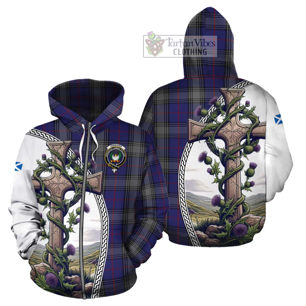 Tartan Vibes Clothing Kinnaird Tartan Cotton Hoodie with Family Crest and St. Andrew's Cross Accented by Thistle Vines