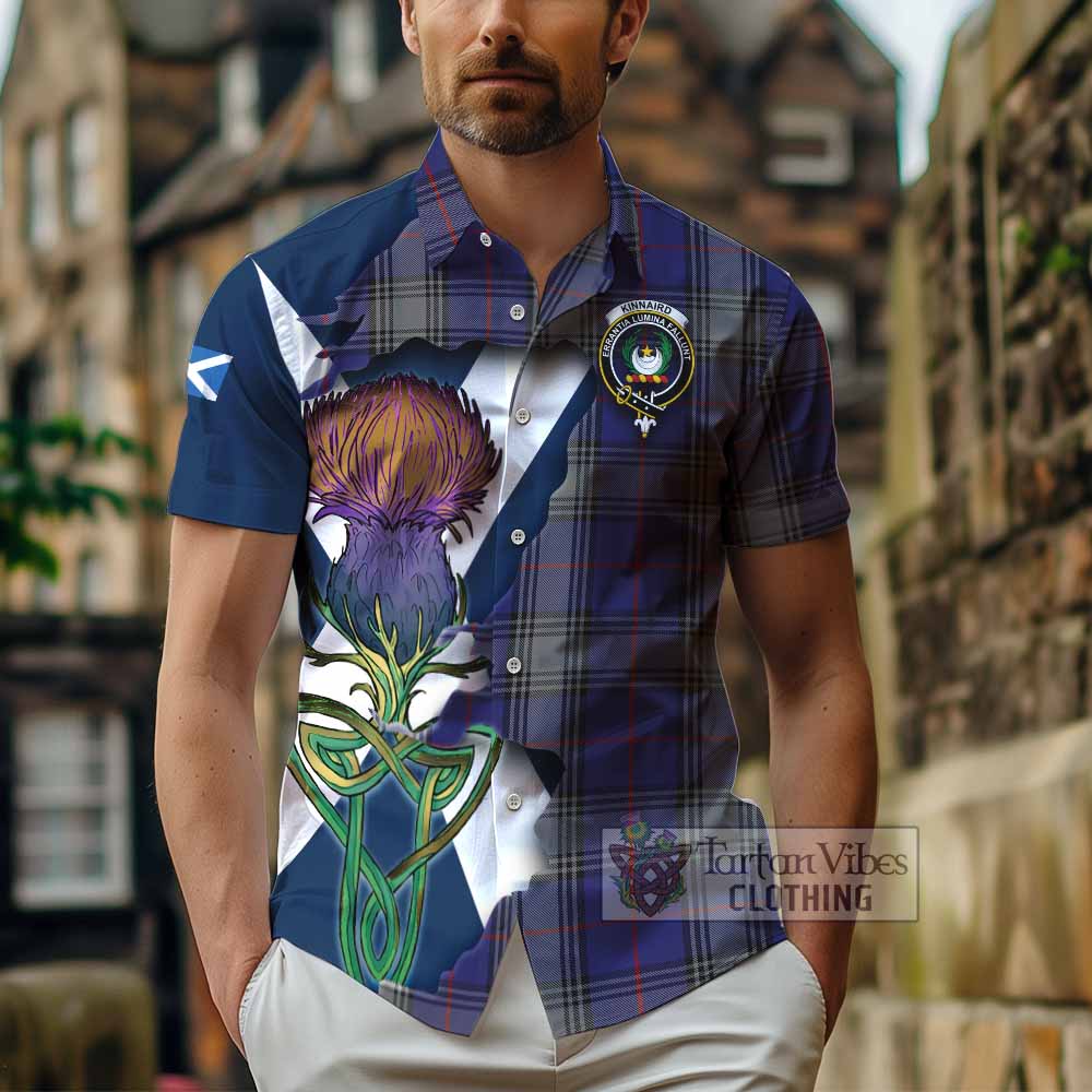 Tartan Vibes Clothing Kinnaird Tartan Family Crest Short Sleeve Button Shirt Scottish Thistle Celtic Inspired