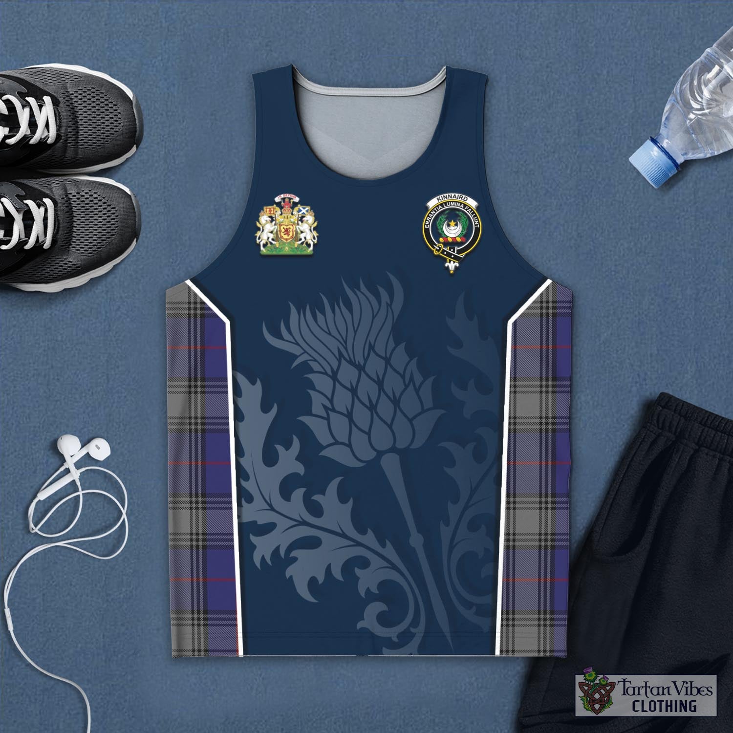 Tartan Vibes Clothing Kinnaird Tartan Men's Tanks Top with Family Crest and Scottish Thistle Vibes Sport Style