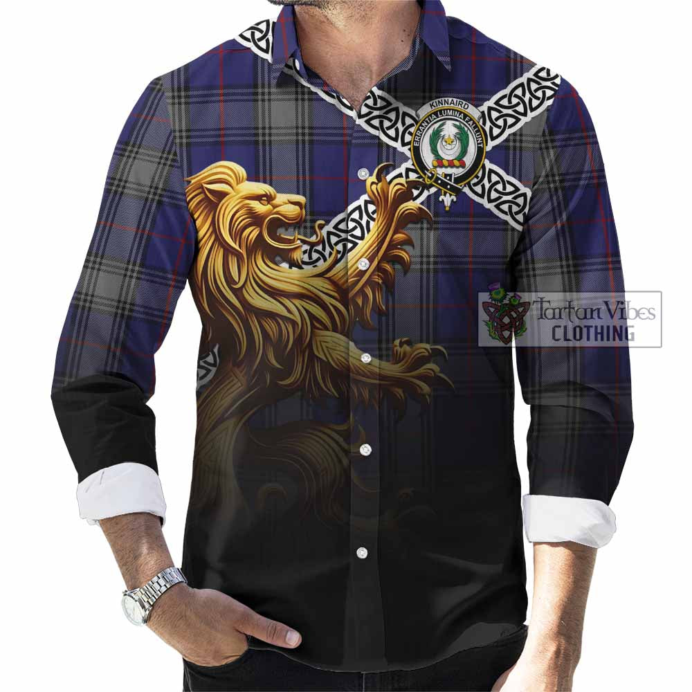 Tartan Vibes Clothing Kinnaird Crest Tartan Long Sleeve Button Shirt with Golden Lion Emblem Celtic Style
