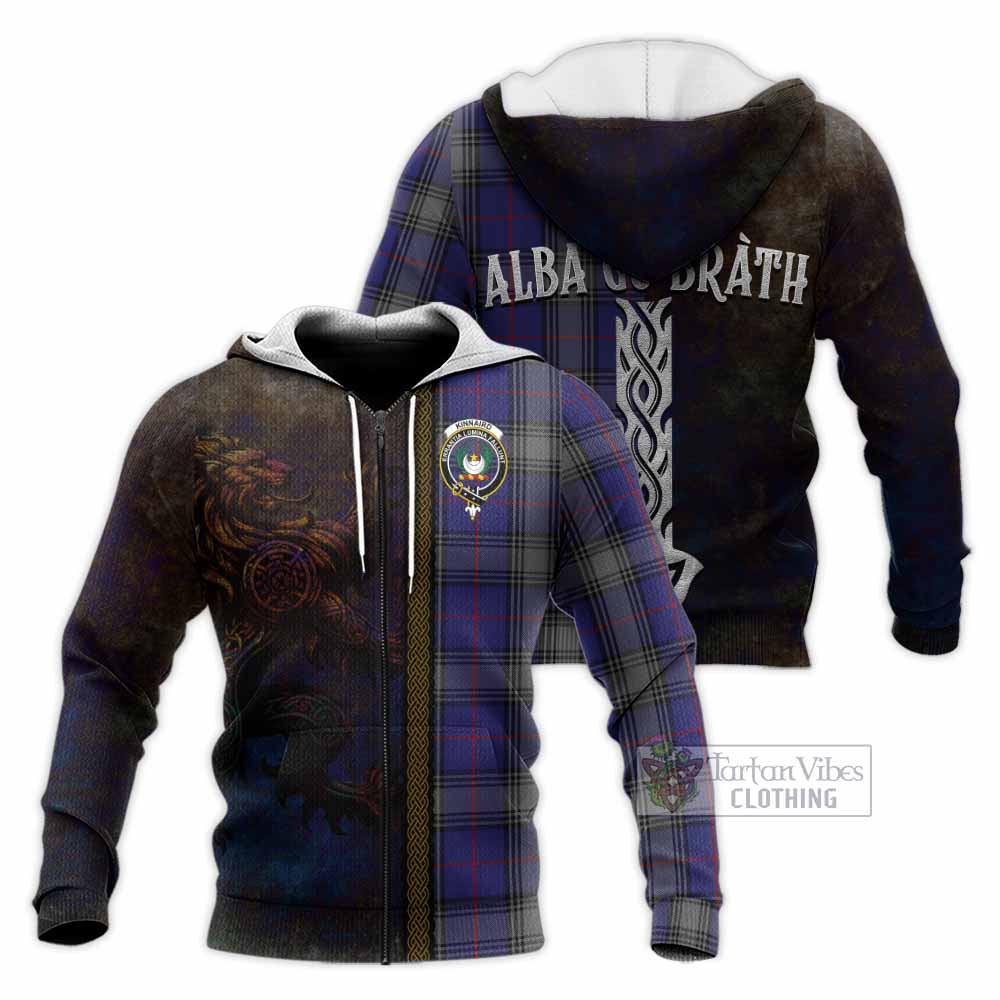 Tartan Vibes Clothing Kinnaird Tartan Family Crest Knitted Hoodie Alba Gu Brath Be Brave Lion Ancient Style