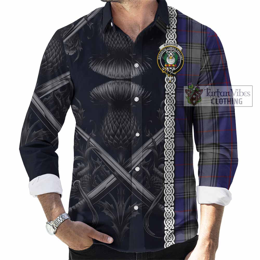 Tartan Vibes Clothing Kinnaird Tartan Long Sleeve Button Shirt with Family Crest Cross Sword Thistle Celtic Vibes