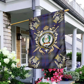 Kinnaird Tartan Garden Flag with Family Crest and Golden Thistle Crossed Sword Design