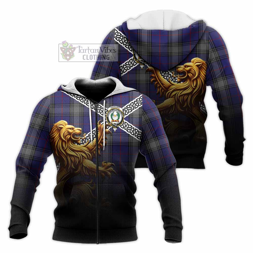 Tartan Vibes Clothing Kinnaird Crest Tartan Knitted Hoodie with Golden Lion Emblem Celtic Style
