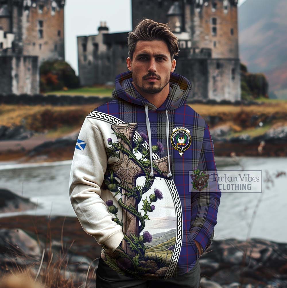 Tartan Vibes Clothing Kinnaird Tartan Cotton Hoodie with Family Crest and St. Andrew's Cross Accented by Thistle Vines