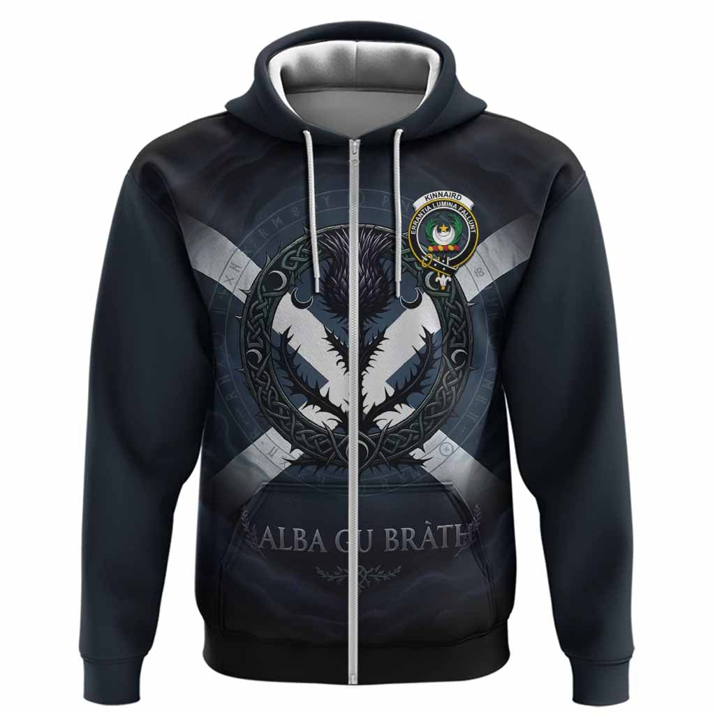 Kinnaird Clan Crest Hoodie with Celtic Knot Thistle and Saltire