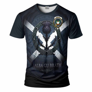 Kinnaird Clan Crest T-Shirt with Celtic Knot Thistle and Saltire
