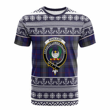 Kinnaird Clan Tartan Christmas Cotton T-shirt with Family Crest