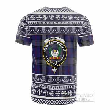 Kinnaird Clan Tartan Christmas Cotton T-shirt with Family Crest
