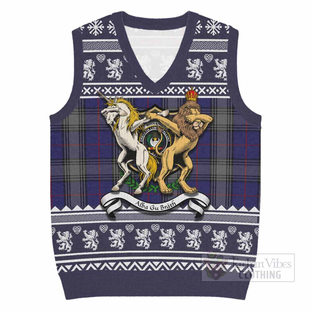 Kinnaird Clan Tartan Crest Christmas Knitted V-Neck Vest Coat of Arms Funny Style - Tartan Vibes Clothing