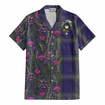 Kinnaird Family Crest Tartan Cotton Hawaiian Shirt Scottish Thistle Flower Pattern Half Style - Tartan Vibes Clothing