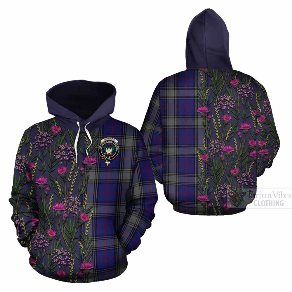 Kinnaird Family Crest Tartan Cotton Hoodie Scottish Thistle Flower Pattern Half Style - Tartan Vibes Clothing