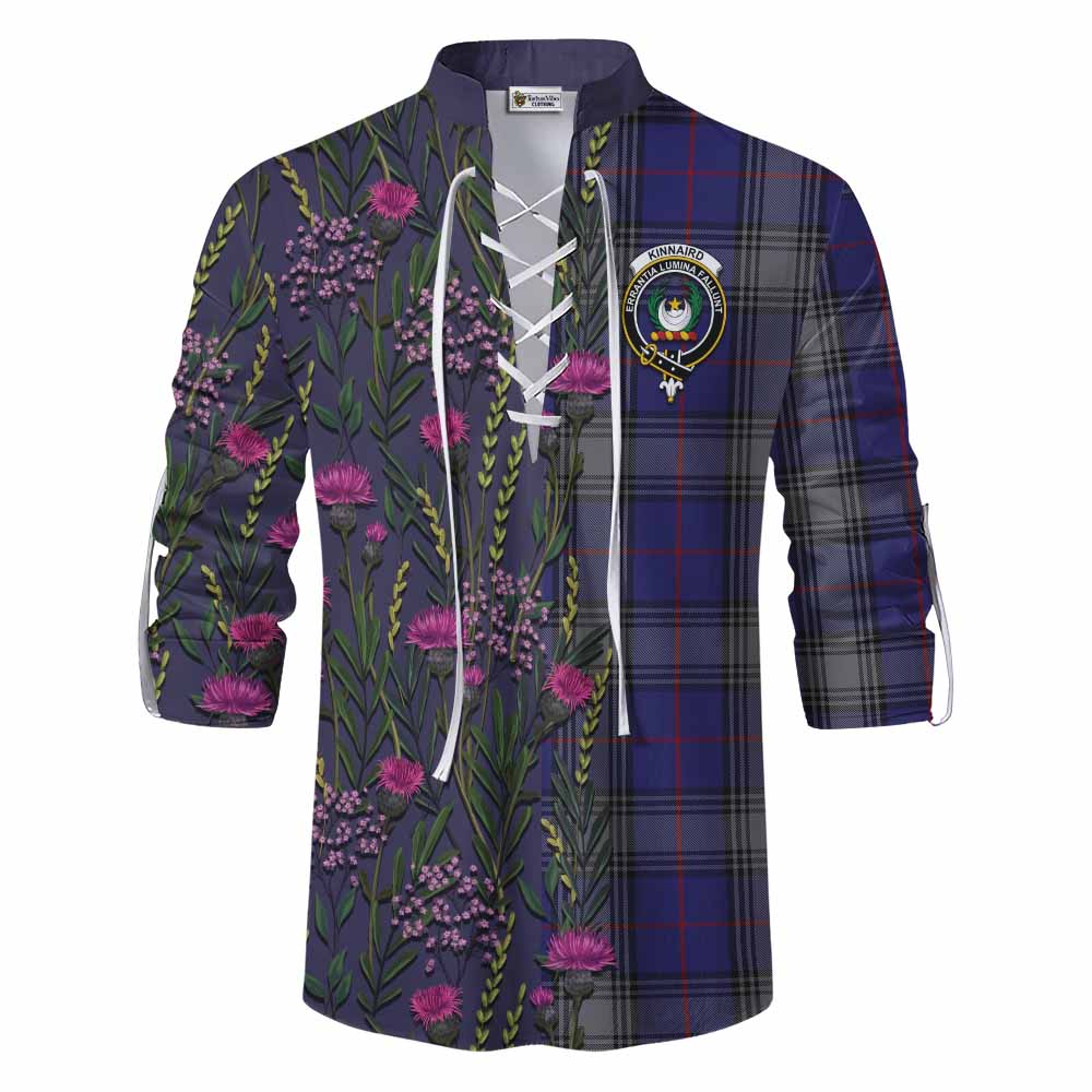 Kinnaird Family Crest Tartan Ghillie Shirt Scottish Thistle Flower Pattern Half Style - Tartan Vibes Clothing
