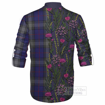 Kinnaird Family Crest Tartan Ghillie Shirt Scottish Thistle Flower Pattern Half Style