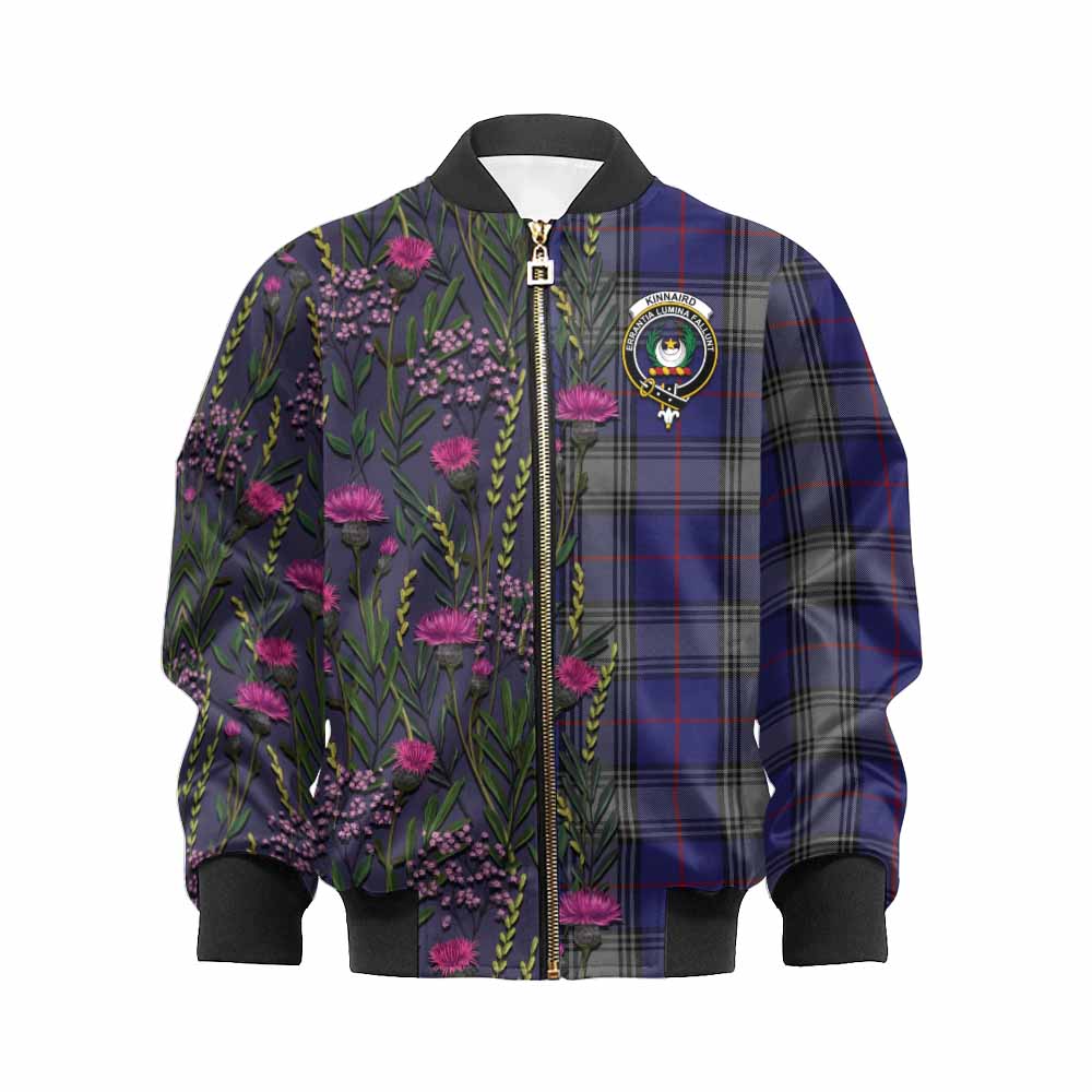 Kinnaird Family Crest Tartan Kid Bomber Jacket Scottish Thistle Flower Pattern Half Style - Tartan Vibes Clothing