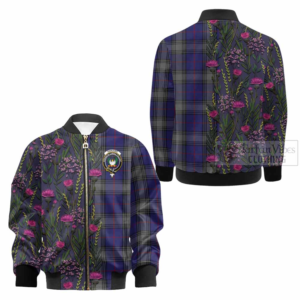 Kinnaird Family Crest Tartan Kid Bomber Jacket Scottish Thistle Flower Pattern Half Style - Tartan Vibes Clothing
