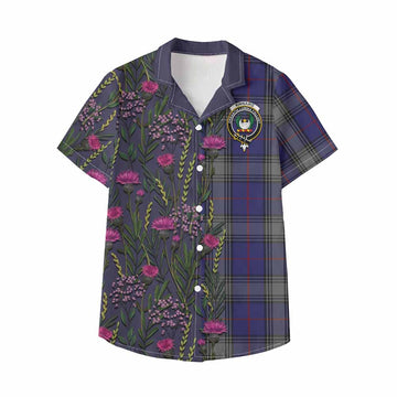Kinnaird Family Crest Tartan Kid Hawaiian Shirt Scottish Thistle Flower Pattern Half Style