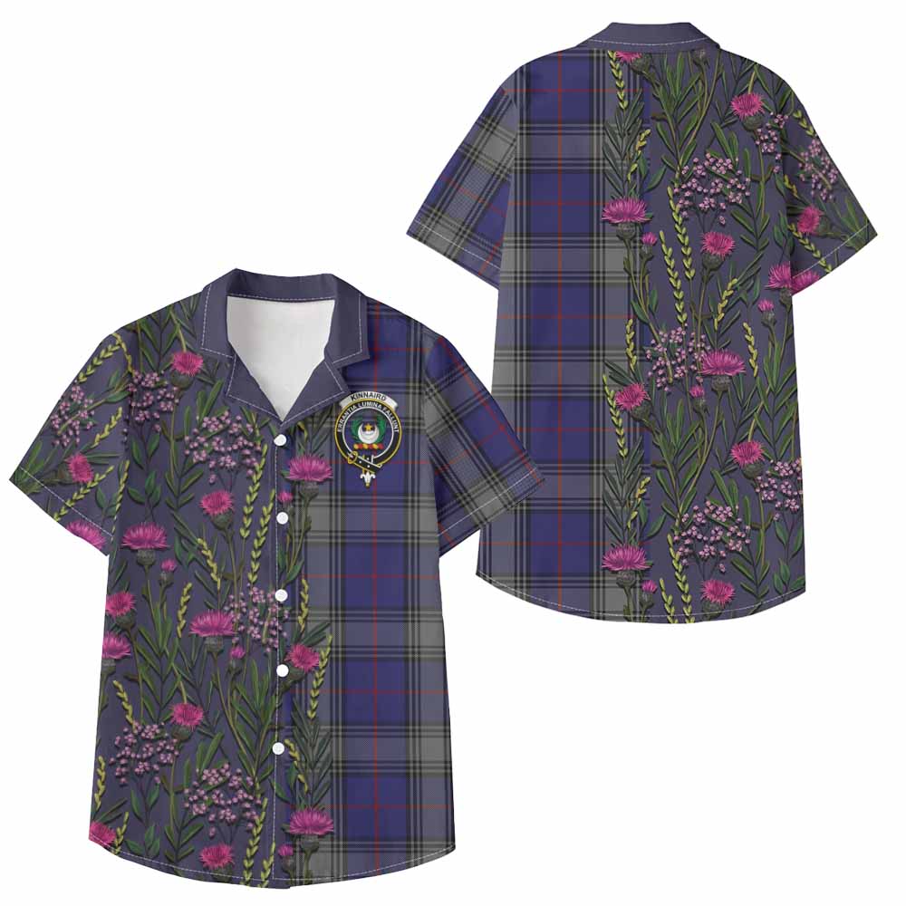Kinnaird Family Crest Tartan Kid Hawaiian Shirt Scottish Thistle Flower Pattern Half Style - Tartan Vibes Clothing
