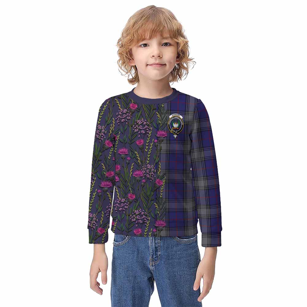 Kinnaird Family Crest Tartan Kid Knitted Sweatshirt Scottish Thistle Flower Pattern Half Style - Tartan Vibes Clothing